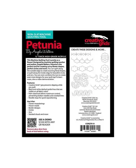 Petunia Creative Grids Non-Slip Free Motion Quilting Tool / Ruler SEE VIDEO
