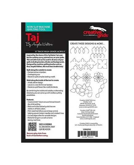 Taj Creative Grids Non-Slip Free Motion Quilting Tool / Ruler SEE VIDEO