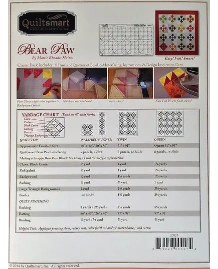 Bear Paw - Classic Pack by Quiltsmart - Printed Interfacing Pattern - SEE VIDEO