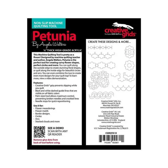 Petunia Creative Grids Non-Slip Free Motion Quilting Tool / Ruler SEE VIDEO