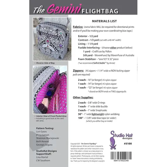 Gemini Flight Bag Pattern by Studio Kat Designs