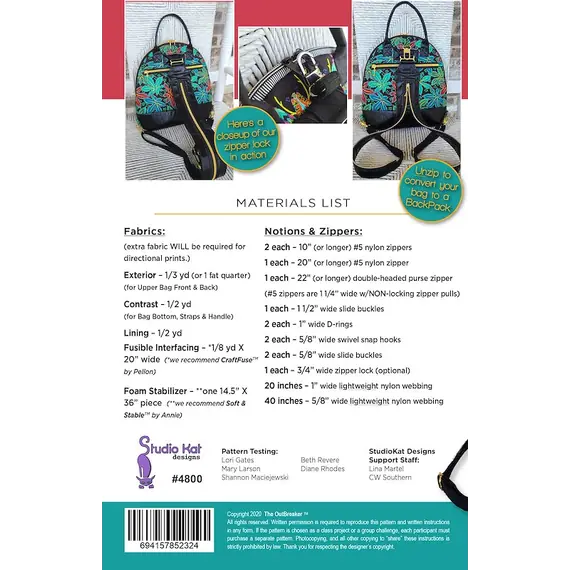 OutBreaker Back Pack or Shoulder Bag Pattern by Studio Kat Designs