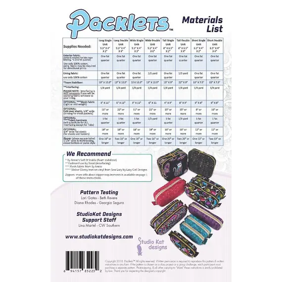 Packlets Patterns 8 Sizes Included by Studio Kat Designs