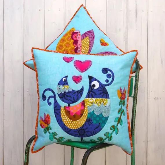 Lovebirds Applique Cushion Pattern by Claire Turpin 2 Sizes Included