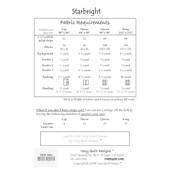 Starbright Pattern by Cozy Quilt Designs - List of Material Requirements