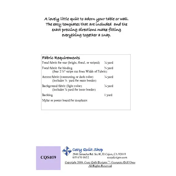 Evening star Pattern by Cozy Quilt Designs