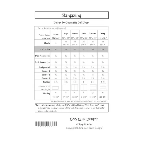 Stargazing Pattern by Cozy Quilt Designs - List of Material Requirements