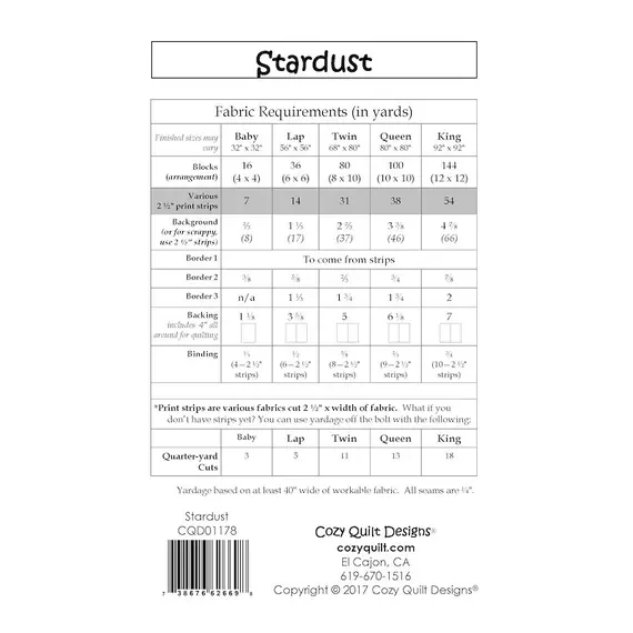 Stardust Pattern by Cozy Quilt Designs - List of Material Requirements