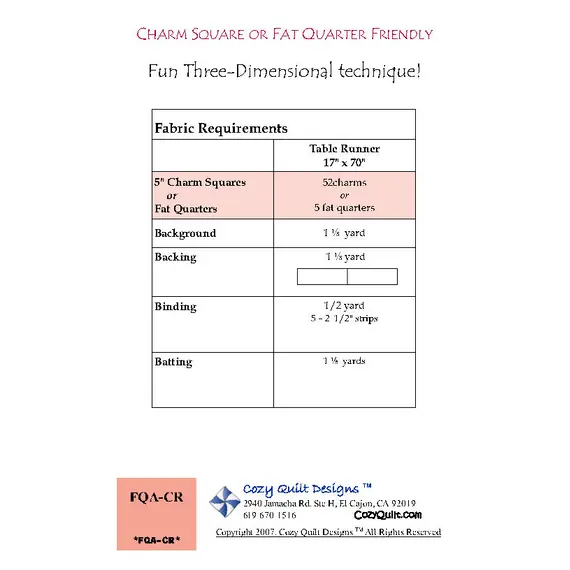 Charm Runner Pattern by Cozy Quilt Designs