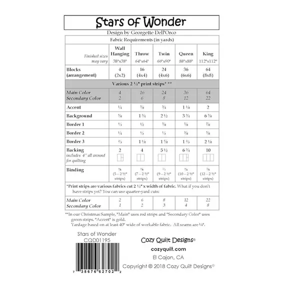 Stars of Wonder Pattern by Cozy Quilt Designs - List of Material Requirements