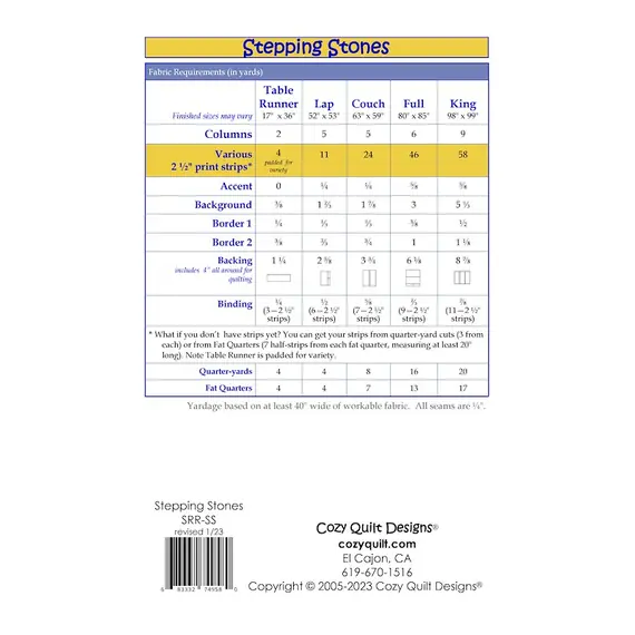 Stepping Stones Pattern by Cozy Quilt Designs - List of Material Requirements