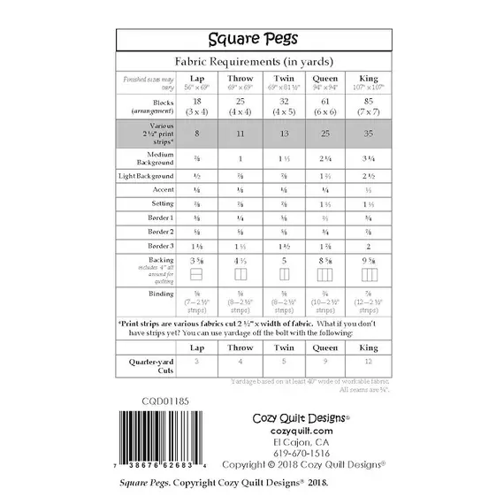 Square Pegs Pattern by Cozy Quilt Designs - List of Material Requirements