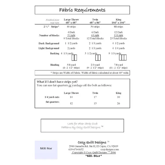 Star Struck Pattern by Cozy Quilt Designs - List of Material Requirements