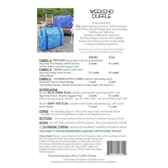 Weekend Duffle Bag Pattern by Aunties Two AT645 - Materials List