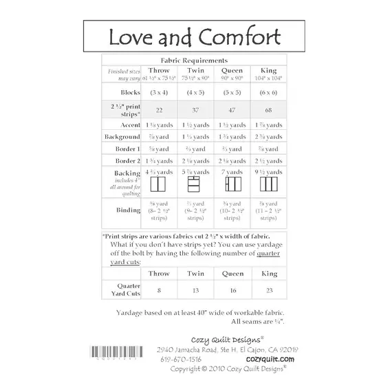 Love And Comfort Pattern by Cozy Quilt Designs - Requirements