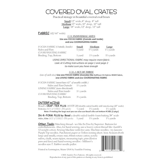 Covered Oval Crates Bag Pattern by Aunties Two AT661 - Fabric Requirements