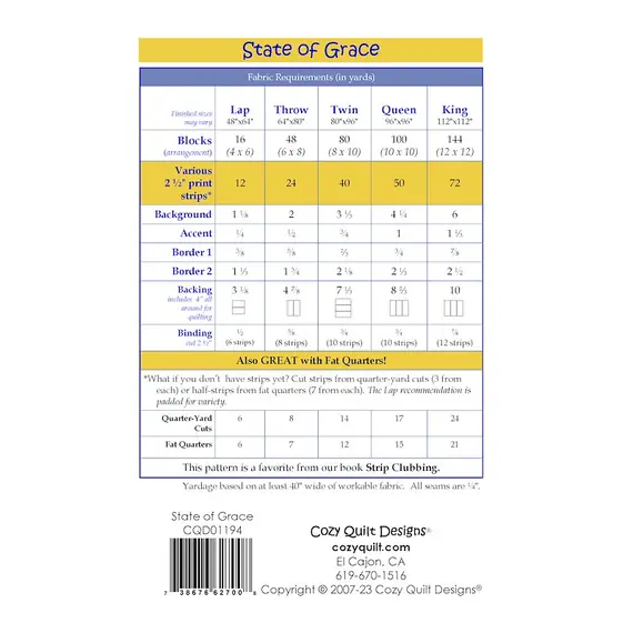 State Of Grace Pattern by Cozy Quilt Designs - List of Material Requirements