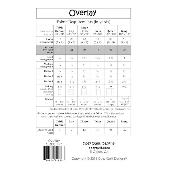 Overlay Pattern by Cozy Quilt Designs - List of Material Requirements