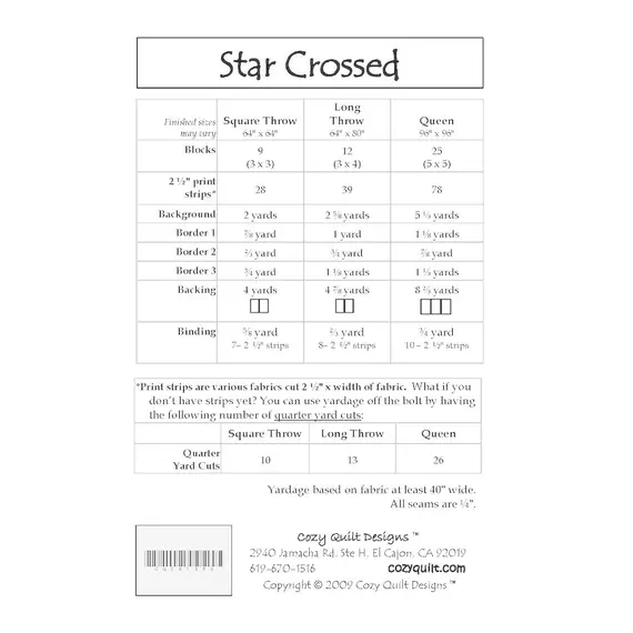 Star Crossed Pattern by Cozy Quilt Designs - List of Material Requirements