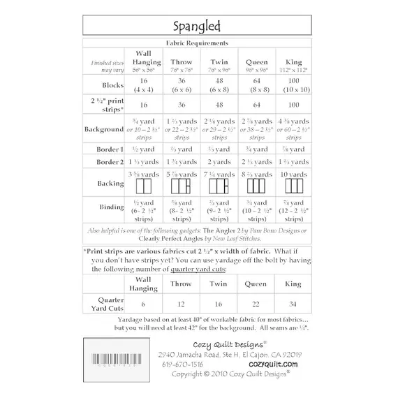 Spangled Pattern by Cozy Quilt Designs - List of Material Requirements