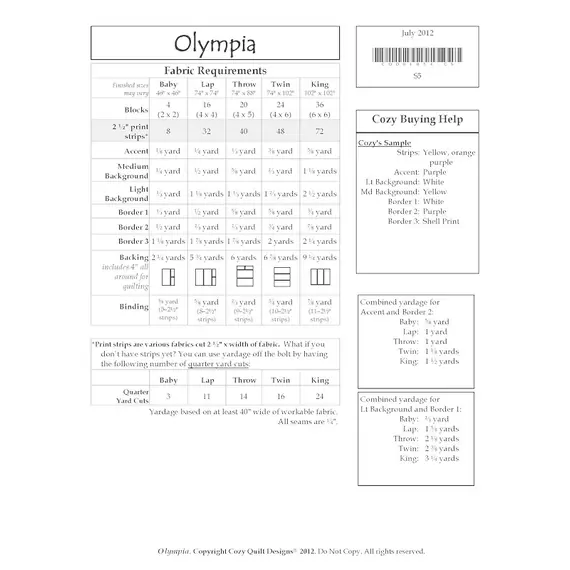 Olympia Pattern by Cozy Quilt Designs - List of Material Requirements