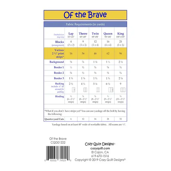 Of the Brave Pattern by Cozy Quilt Designs -List o material Requirements