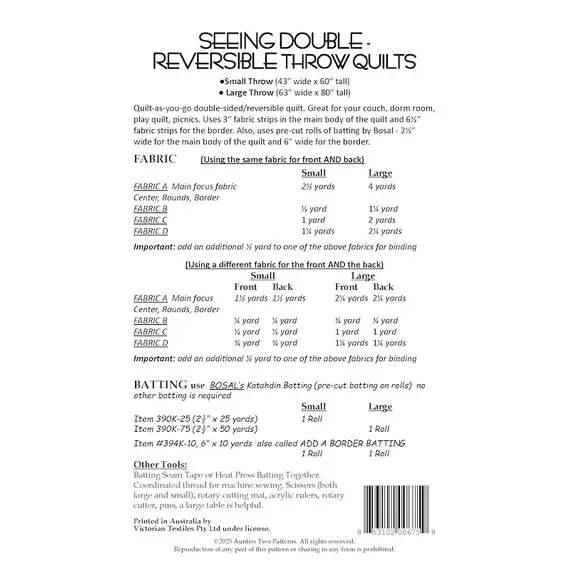 Seeing Double Reversible Throw Quilts Bag Pattern by Aunties Two - Project Requirements