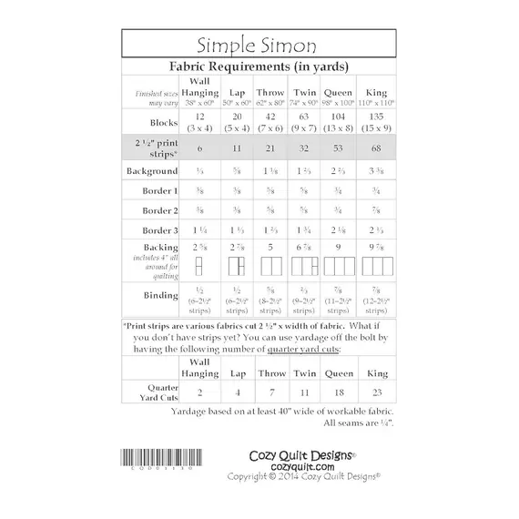 Simple Simon Pattern by Cozy Quilt Designs - List of Material Requirements