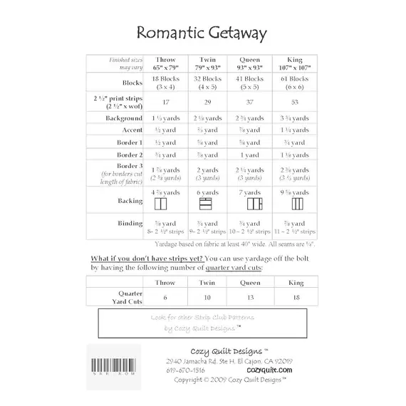 Romantic Getaway Pattern  by Cozy Quilt Designs - List of Material Requirements