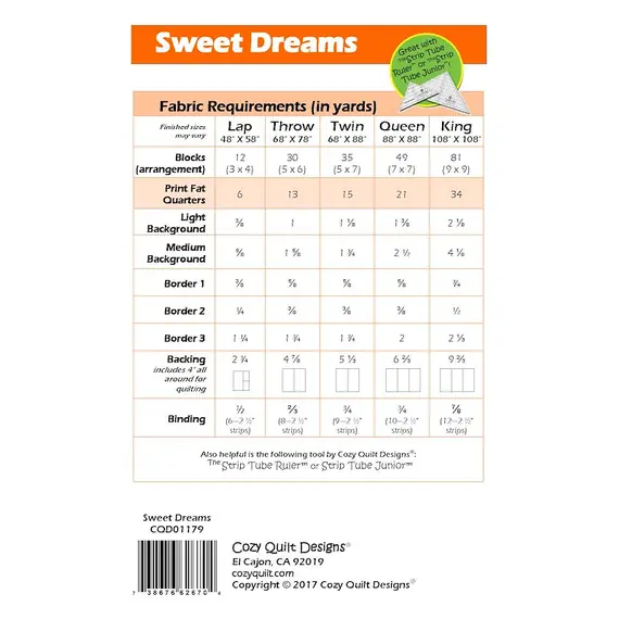 Sweet Dreams Pattern by Cozy Quilt Designs - Materials List
