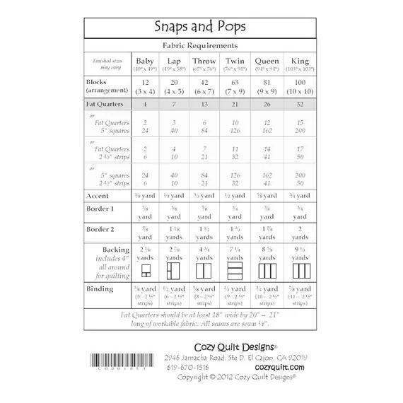Snaps and Pops Pattern by Cozy Quilt Designs - List of Requried Materials
