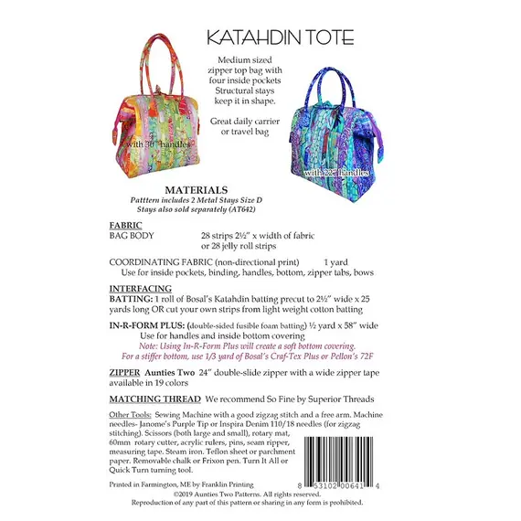 Katahdin Tote Bag Pattern by Aunties Two AT641 - Materials List