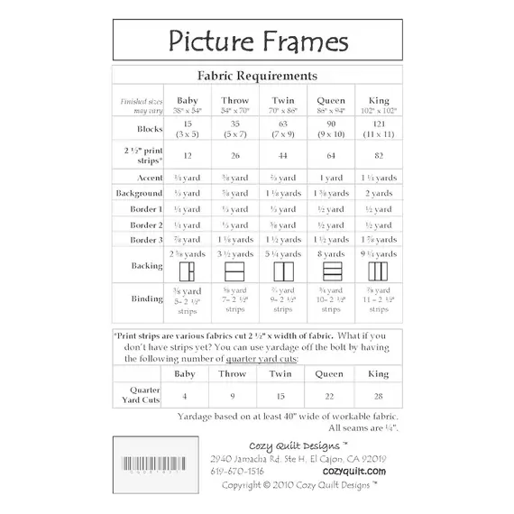 Picture Frames Pattern by Cozy Quilt Designs - List of Material Requirements