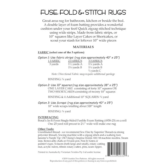 Fuse, Fold & Stitch Bags AT635Pattern by Aunties Two - Pattern Fabric Requirements