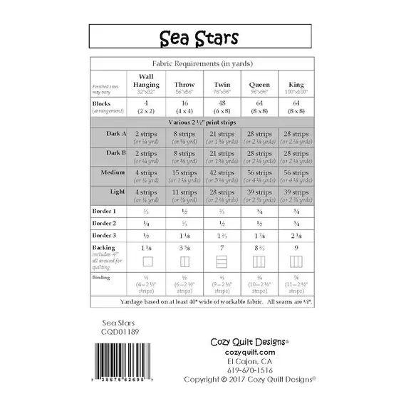 Sea Stars Pattern by Cozy Quilt Designs -  List of Material Requirements