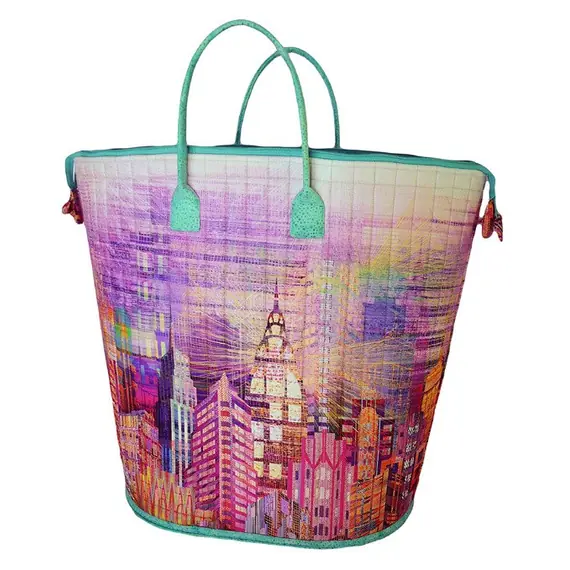 Happy Hauler Bag Pattern AT640 by Aunties Two - Completed featuring a city skyline