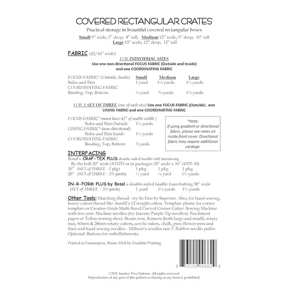 Covered Rectangular Crates Bag Pattern by Aunties Two AT662 - Pattern Requirements