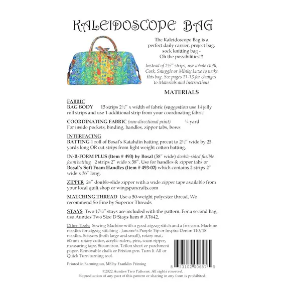 Kaleidoscope Bag Pattern by Aunties Two AT657 - Materials List