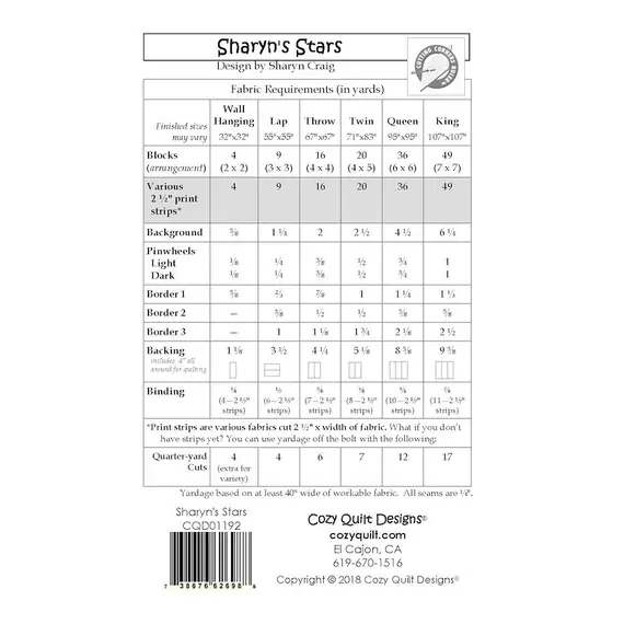 Sharyn's Stars Pattern by Cozy Quilt Designs - List of Material Requirements