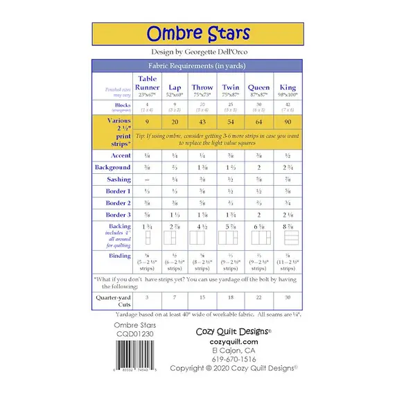 Ombre Stars Pattern by Cozy Quilt Designs - List of Material Requirements