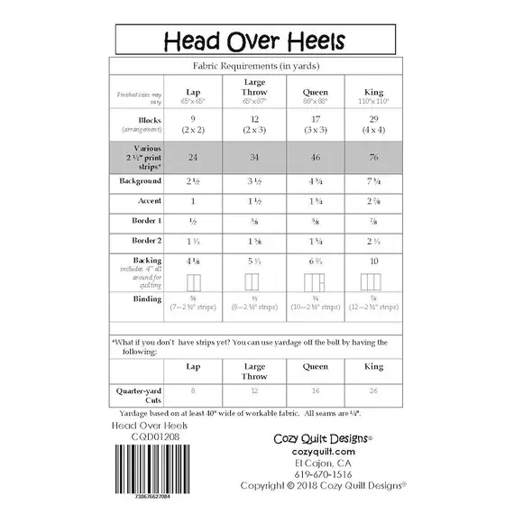 Head Over Heels Pattern by Cozy Quilt Designs Fabric Requirements