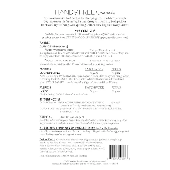 Hands Free Crossbody Bag Pattern AT648 by Aunties Two - Project Rquirements