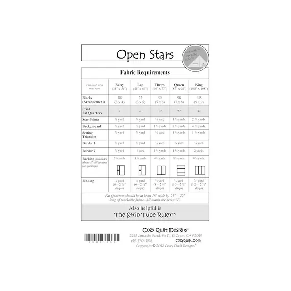 Open Stars Pattern by Cozy Quilt Designs - Material Requirements