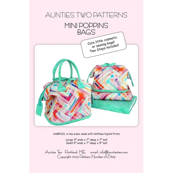 Mini Poppins Bags Pattern by Aunties Two AT629 - Image of Pattern Cover, 2 Metal Stays Included