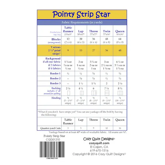 Pointy Strip Star Pattern by Cozy Quilt Designs - List of Material Requirements