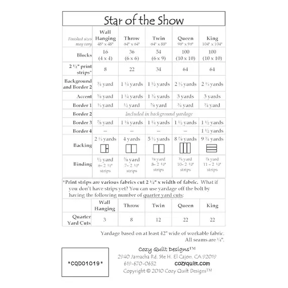 Star of the Show Pattern by Cozy Quilt Designs - List of Material Requirements