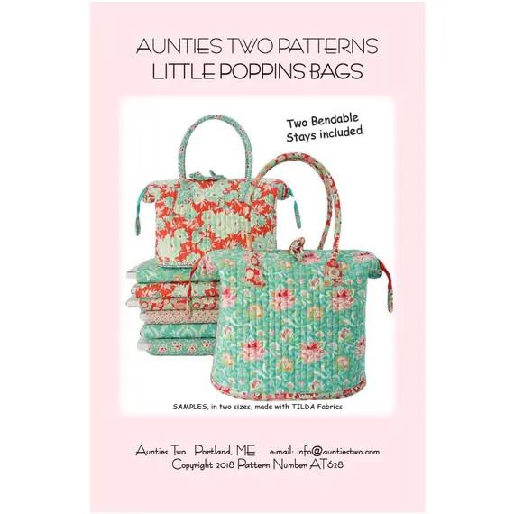 Little Poppins Bags Pattern by Aunties Two AT628 - Image of Pattern. 2 Metal Stays Included