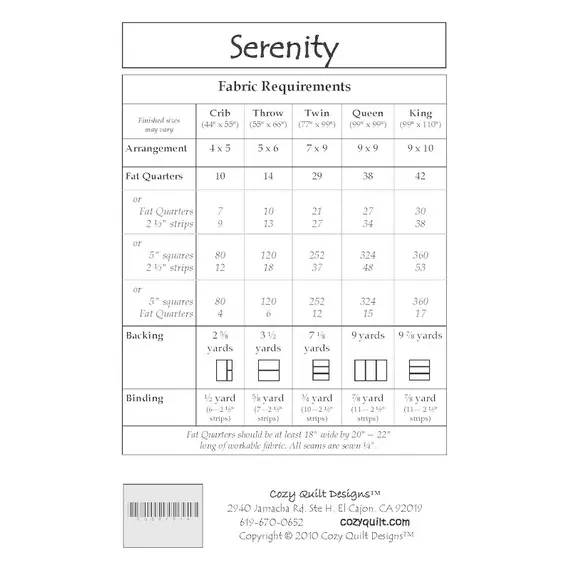 Serenity Pattern by Cozy Quilt Designs - List of Materials Required