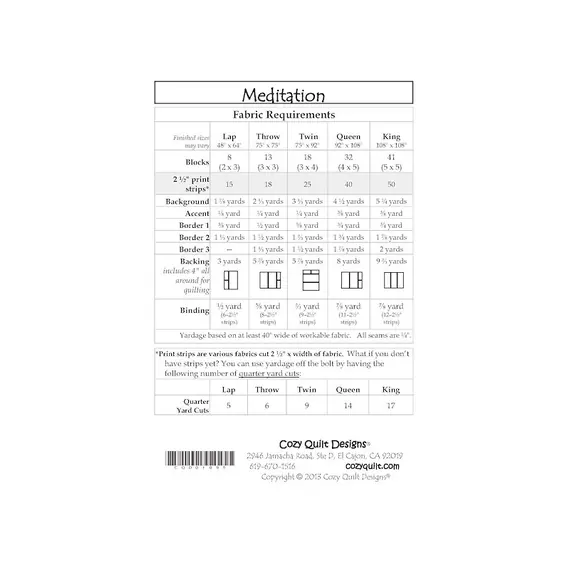 Meditation Pattern by Cozy Quilt Designs - List of required materials