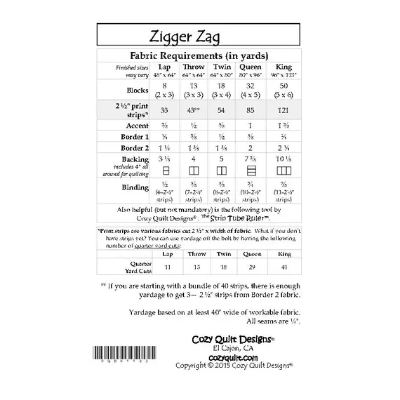 Zigger Zag Pattern by Cozy Quilt Designs Fabric Requirements